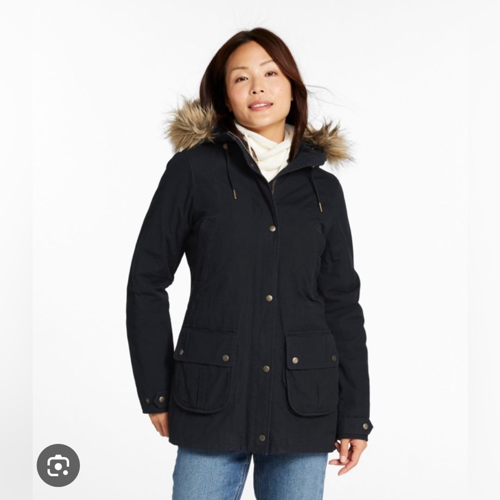 LL Bean East End Parka in Black Fur Hood Anorak Jacket Winter Coat Large